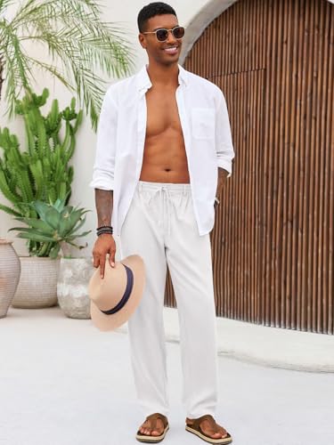Runcati Mens Casual Pants Linen Elastic Waist Drawstring Lightweight Pants Loose Fit Summer Beach Yoga Trouser3