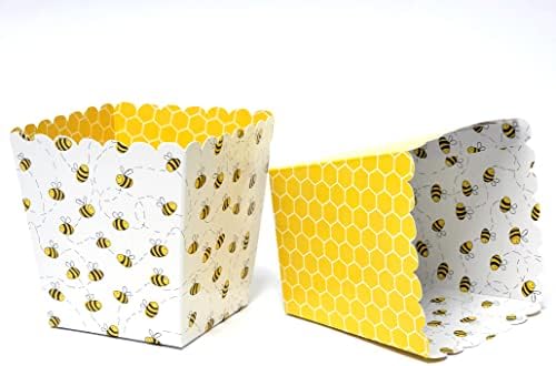 Honey Bee Party Favor Snack Boxes for Gender Reveal, Birthday Parties, Bridal Showers, Baby Showers, or Backyard Summer gatherings. Set of 12 Reversible Honey Bee Scalloped Popcorn Boxes