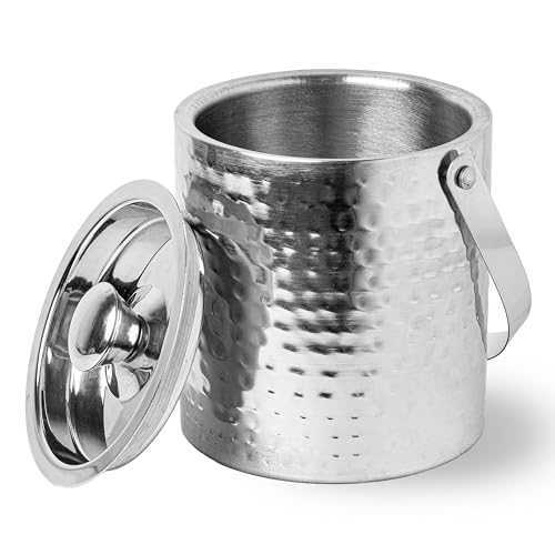 Image of Sipologie Stainless Steel Double Wall Ice Bucket with Tong [1500 ml] - Full Hammered Finish, Insulated with Lid & Handle for Home Bar & Parties
