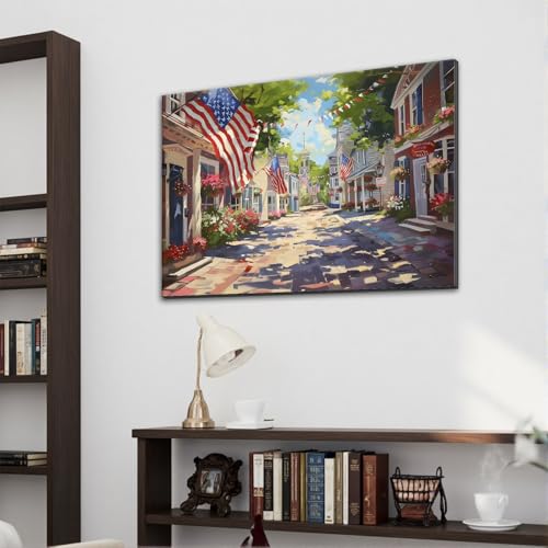 Image of Framed Patriotic Small Town USA Wall Art, American Flag Street Canvas Art Pictures, Vintage Main Street Wall Decor for Living Room Entryway Dining Room, Ready to Hang Made in USA