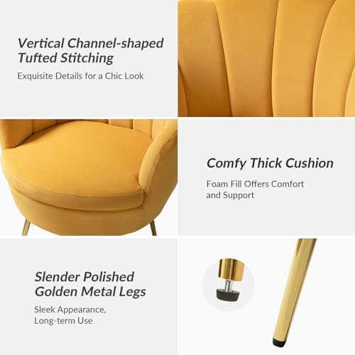 Image of HULALA HOME Velvet Accent Chair with Shell Shaped Back, Modern Cute Living Room Bedroom Armchair Sofa Chair with Gold Legs, Comfy Upholstered Vanity Chair for Makeup Room, Mustard