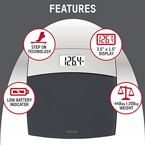 Taylor Precision Products Digital Scales For Bodyweight Mixed Metal With Brushed Stainless Steel, 440 Lb Capacity, Bathroom Scale, White Backlight Readout, Highly Accurate Digital Bathroom Scale #TOP4