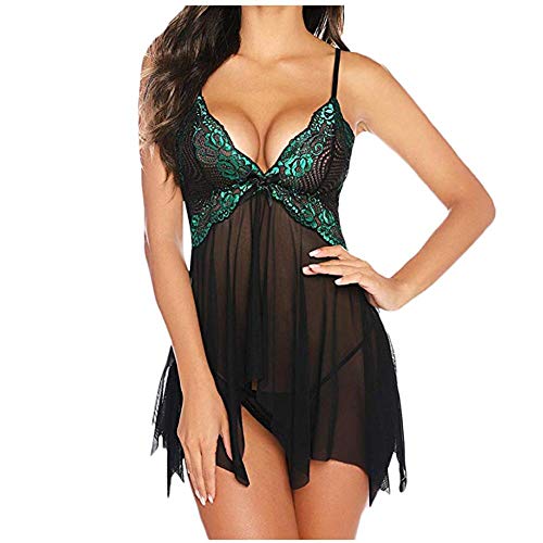 Lingerie sexy deep V et dos nu transparent en dentelle verte L