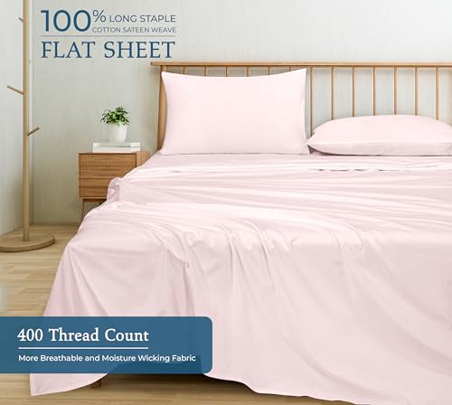 Image of Royale Linen 400 Thread Count 100% Cotton Flat Sheets Only - Cooling Sheets - Twin Flat Sheets Only Sold Separately - Luxury Sateen Weave - Breathable & Super Soft Top Sheet Only (Twin, Kyoto Blush)