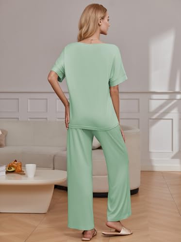 Image of Ekouaer Pajama Sets for Women 2 Piece Lounge Set Short Sleeve Tops and Long Pants Soft Comfy Pjs Sleepwear Outfits S-XXL