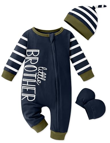 Image of Qetobolly Baby Boy Clothes Newborn Baby Romper Long Sleeve Stripe Jumpsuit with Hat and Gloves Newborn Boy Outfits