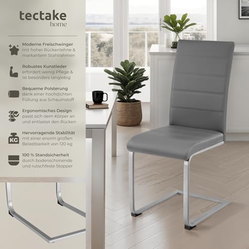 tectake® 4er Set Esszimmerstühle, Freischwinger Küchenstuhl mit Rückenlehne, Stühle für Esszimmer, Küchenstühle modern, Dining Chair, Polsterstuhl, Esstischstühle, Besucherstuhl - grau