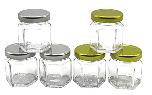 Image of Cute Hexagonal 50 grams Airtight Glass Jar Containers for Honey, Spices & other Kitchen Items with Rust Proof Gold & Silver Color Caps -Set of 06