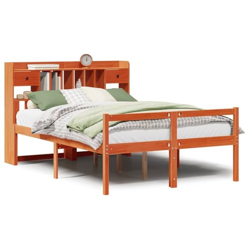 Gecheer Massivholzbett mit Regal ohne Matratze Wachsbraun 160x200 cm, Bettgestell Holzbett Doppelbett für Wohnungen Schlafzimmer Gästehaus3322075