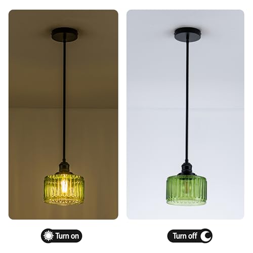 Image of MAYNA 1 Pack Modern Pendant Light with Green Striped Glass Lmapshade, Black Vintage Pendant Light, Adjustable Hanging Light for Kitchen Island Dining Room Hallway(Bulb Included)