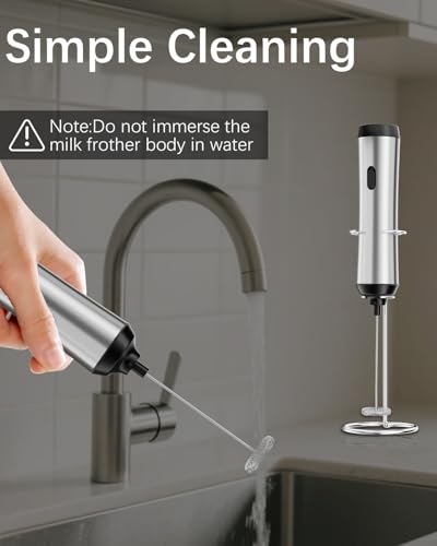 Image of Rechargeable Milk Frother with Stand, Handheld Coffee Electric Whisk, Detachable Stainless Steel Frother Wand, Coffee Frother & Drink Mixer for Latte, Cappuccino, Hot Chocolate,Egg(Silver Deep)