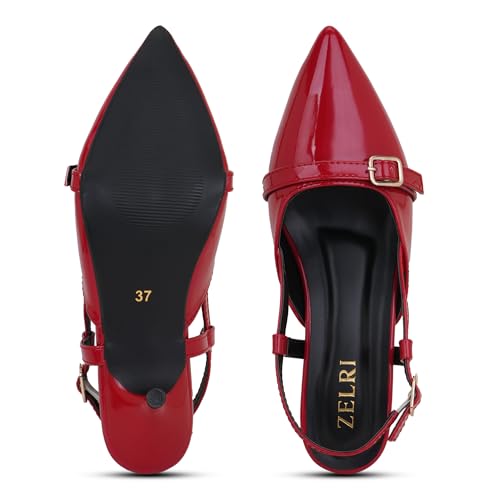 Image of Women's Pointed Toe Kitten Heels, Elegant Glossy Patent Leather Slingback Pumps with Adjustable Buckle Strap, 2-Inch Pencil Heel Sandals