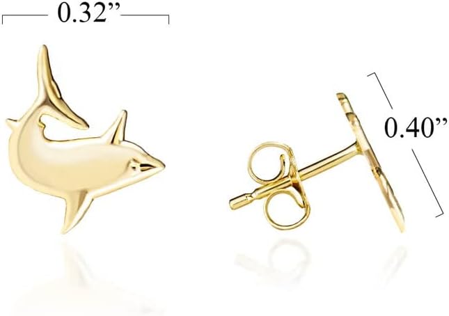10K or 14K Yellow Gold Dainty Ocean Nautical Animal Shark (0.32") Stud Earrings For Women Teen Girls - Choice of Metal