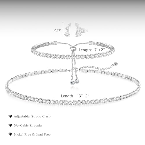 Tennis Necklace Bracelet for Women, Dainty Sterling Sliver Choker Necklace Crystal Link Bracelet Stud Earrings for Women Wedding Jewelry for Bride Jewelry Set Accessories2