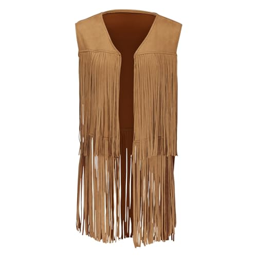 Chaleco hippie de mujer con flecos y borlas de ante sintético años 70 marrón talla L 2