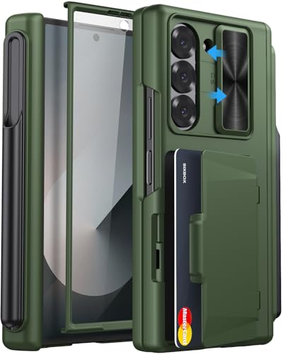 Image of for Samsung Galaxy Z Fold 6 Case with Card Holder & Hinge Protection & Slide Lens Cover, Built-in S Pen Holder & Screen Protector, Heavy Duty Rugged Wallet Phone Cover Case for Z Fold 6, Green