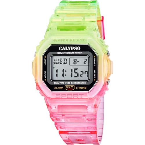 CALYPSO Reloj Digital Hombre y Mujer   Unisex de Caucho Rosa   Resistente al Agua 5 ATM Fecha y Calendario, Cronógrafo, Doble Horario, Luz, Alarma, 12 y 24 Horas K5874/4   Color Splash