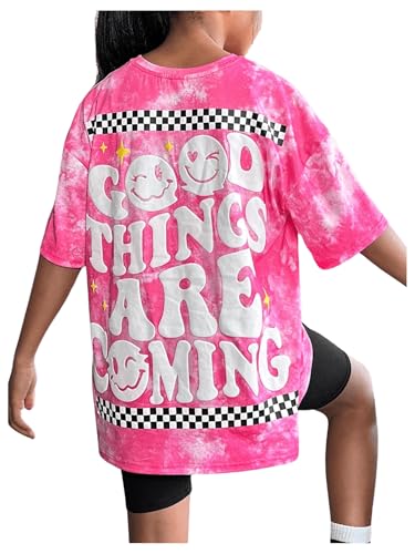 Image of SHENHE Girl's Letter Graphic Tie Dye Tshirts Plaid Crewneck Short Sleeve Loose Tee Top Pink 12Y