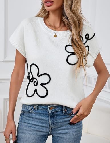 Image of Libsorge Womens Cute Flower Cap Sleeve Sweater Vest Spring 2025 Lightweight Ribbed Knit Crewneck Knit Top