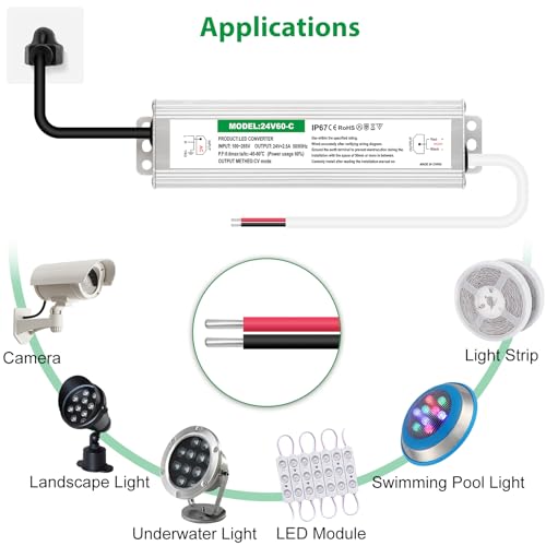 MujHoJm 24V LED Power Supply 60W, LED Driver 2.5A Waterproof IP67, 120V AC to 24V DC Converter with US 3-Prong Plug and 4.9ft Cord, for LED Strip, Landscape, Garden, and Outdoor Lighting by MujHoJm - Used condition - Image 5