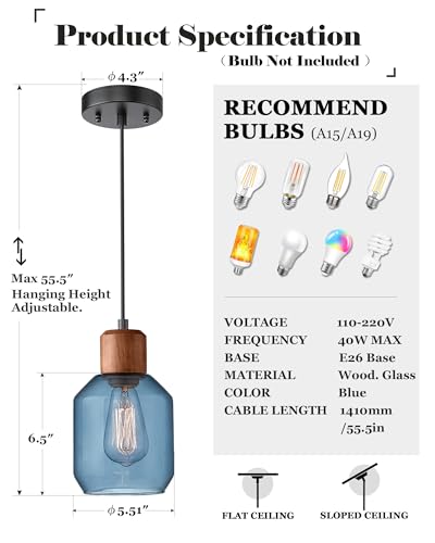 ELYONA Island Lights Glass Pendant Lighting for Kitchen Solid Wood & Blue Clear Glass Pendant Light Fixtures Modern Hanging Lamps for Dining Table Bedroom Living Room Farmhouse Sink Coffee Bar, 3 Pack - Image 5