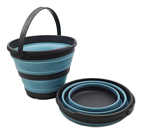 Image of SAMMART 10L (2.6 Gallon) Collapsible Plastic Bucket - Foldable Round Tub - Portable Fishing Water Pail - Space Saving Outdoor Waterpot, size 33cm dia (Grey /Sea Angel (Set of 2))