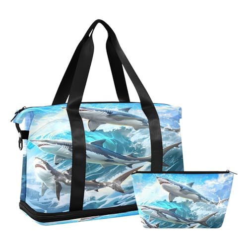 ALAZA Sharks Jumped Waves Travel Duffel Bag for Women Men Sports Gym Bag with Shoe Compartment Tote Weekender Overnight Bag with Wet Pocket for Travel, Gym,Yoga,Swimming