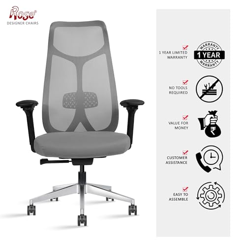 Image of ROSE Curve Premium Office Chair | High Back | Mesh Ergonomic Home Office Desk Chair with 4D Adjustable Armrests | Auto Wight Slider Mechansim | Ideal for Adults & Work Professionals (Grey)