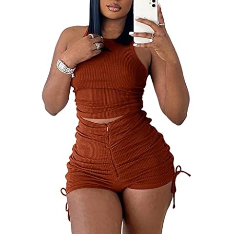 2 Piece Outfits Women Summer Sexy Bodycon Seamless Ribbed Crop Top and Ruched Drawstring Shorts Tracksuits Workout Sets, Brown, Small Cover