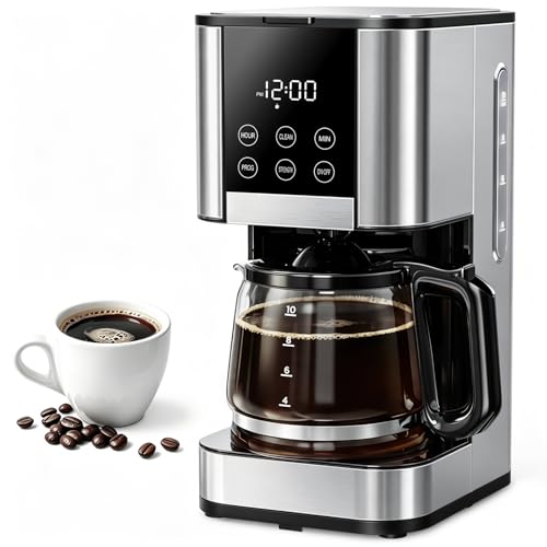 Image of 10 Cup Programmable Drip Coffee Maker, Adjustable Brew Strength, Pause & Serve, Heat Resistant Glass Carafe, Permanent Filter, Auto Shut Off, Stainless Steel, Compact Coffee Machine for Home Office