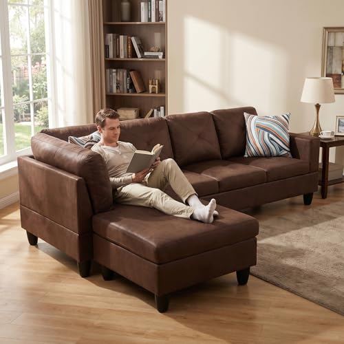 Image of L-Shaped Sectional Sofa, Modern 4-Seat Couch with Left Facing Chaise, Sectional Couch for Living Room, Apartment, Office, Brown