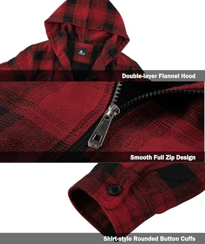 Image of V VALANCH Men's Flannel Shirt Jacket with Hood Fleece Lined Plaid Jacket Zip Up Winter Warm Coat