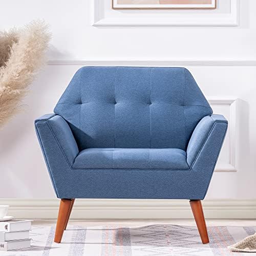 Mid Century Modern Chair Fabric Armchair Living Room Decorative Chair Club Lounge Chair Upholstered Single Seat Tufted Backrest Solid Wood Legs (Linen Fabric, Blue)