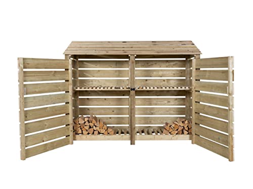 Image of Arbor Garden Solutions Wooden Log Store, Slatted Firewood Storage Double Bay with Doors (3.3m meter capacity) (W-227cm, H-180cm, D-88cm) (With Kindling Shelf)