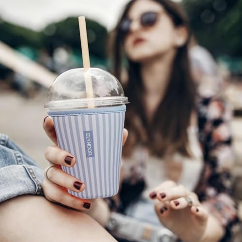Image of Reusable Insulated Sleeve for Iced Coffee Cup, Coffee Neoprene Sleeve for Cold & Hot Drinks, Beverage Holder for Iced Coffee (Blue Stripes, Small: 16-18oz)