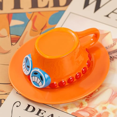 FIYSON One Piece Taza, Anime Ace Sombrero de paja Tazas de café, Taza de té de cerámica hecha a mano, Taza de té de dibujos animados Anime Milk Mug Cup, Regalo para Navidad, Cumpleaños, Aniversario,