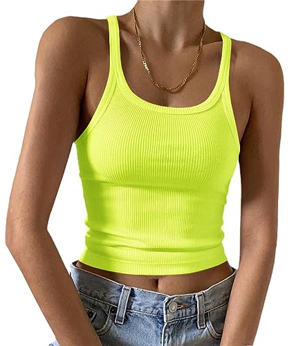 Artfish Womens Sleeveless Tank Top Form Fitting Scoop Neck Ribbed Knit Basic Cami Shirts Neon Green XS