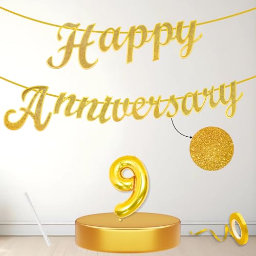 Image of Flyloons 9th Happy Anniversary Banner Gold Decorations Kit for Men Women Wedding Anniversary Banner Items without Balloons