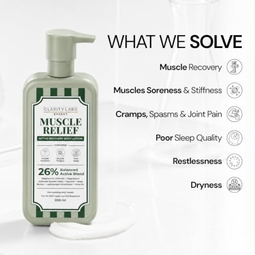 Image of Muscle Relief Magnesium Body Lotion | Sleep & Muscle | 26% Balanced Active Blend | Sleep Support & Relaxation | Post Workout & Recovery | 10% Magnesium Chloride, Magnesium Sulfate (Epsom), Shea Butter, Olive Oil & Vitamin E | 200ml | Clarity Labs