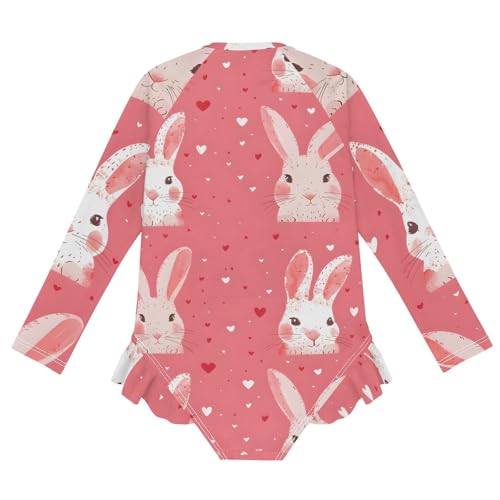 Girls One Piece Swimsuits Long Sleeve Swimsuit Zipper Bathing Suits Rabbit White Bunny Pink2