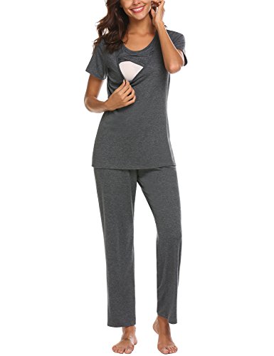 MAXMODA Women Nightwear Super Soft Maternity Nursing Pajamas Sleepwear Loungewear Set Grey L