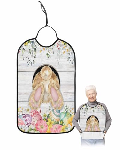 Easter Bunny Butt Adult Bib for Adults Men, Women, Washable & Adjustable Terry Cloth Bib with Crumb Catcher Reusable Waterproof Clothing Clothes Protector Apron Spring Retro Flower Eucalyptus Eggs