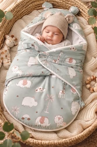 Image of VoiDrop Baby Swaddle Wrap for Newborn 0 to 9 Months, Baby Sleeping Bag with Hood, Muslin Swaddle for All Season, Animal Print-Green