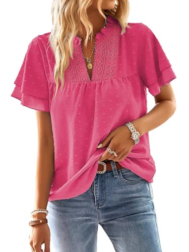 TUUHAW Top Damen Sommer Boho Bluse Kurzarm Oberteile Fließend Elegant V-Ausschnitt T Shirt Lässig Outfits Spitze Kleidung