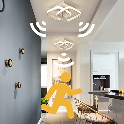 LED Deckenlampe mit Bewegungsmelder 32W Modern Innen 2 Ring Sensorlampe Deckenleuchte mit Tageslichtsensor Flur Deckenbeleuchtung mit Sensor für Treppe Wohnzimmer Balkon Küche BüRo Lampe,Weiß 6000k
