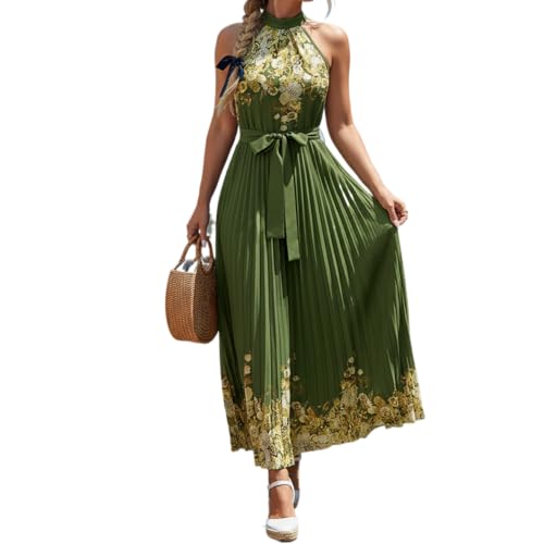 Womens Floral Halter Neck Maxi Dress Polka Dot Striped Sleeveless Pleated High Waist with Belt Flowy Chiffon Dress Formal Wedding Guest Evening Party