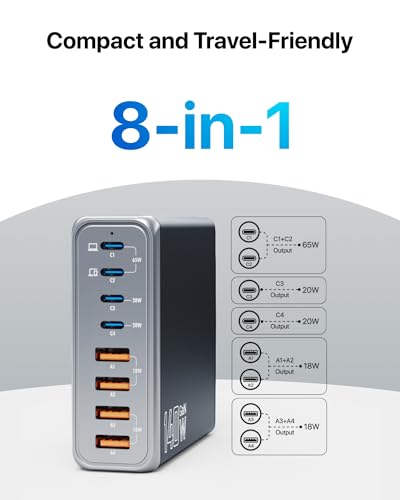 140W USB C Charger Block, 8-port USB C Fast Charging Station, 65W USB C Laptop Charging Hub Compatible with iPhone, MacBook, Galaxy, iPad,and More (K44, Black)