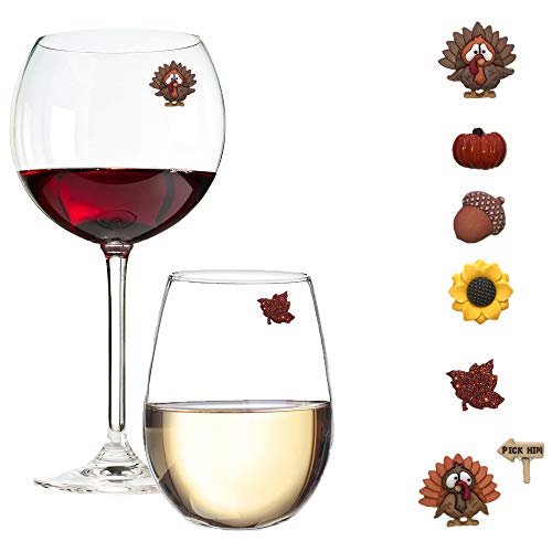 Thanksgiving and Fall Wine Glass Magnet Charms - Magnetic Holiday Drink Markers for Champagne Flutes, Cocktails, and Stemless Wine Glasses - Set of 7 by Simply Charmed