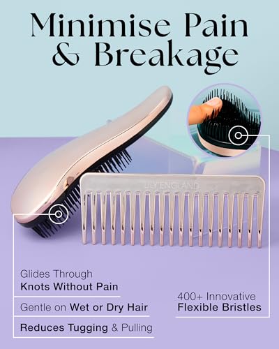 Lily England Detangling Comb & Hair Brush Set - Wide Tooth Comb for Curly, Straight, Thick, Fine & Wet Hair - Gentle & Pain-Free Detangler for Women & Kids - Lightweight Haircare Tools, Rose-Gold