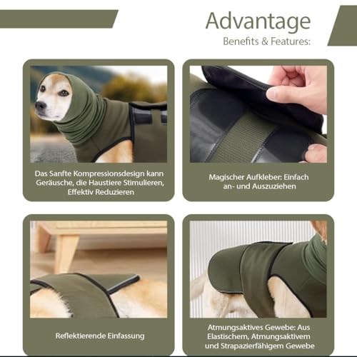 WRQIOO Hundemantel mit Beruhigender, 2 in 1 Beruhigungsweste für Hunde, Anti Stress Weste Hund, Calming Shirt Hund mit Ohrenschutz und Reflektorstreifen,Angst Beruhigungsjacke,Thundershirt H-und(XL)